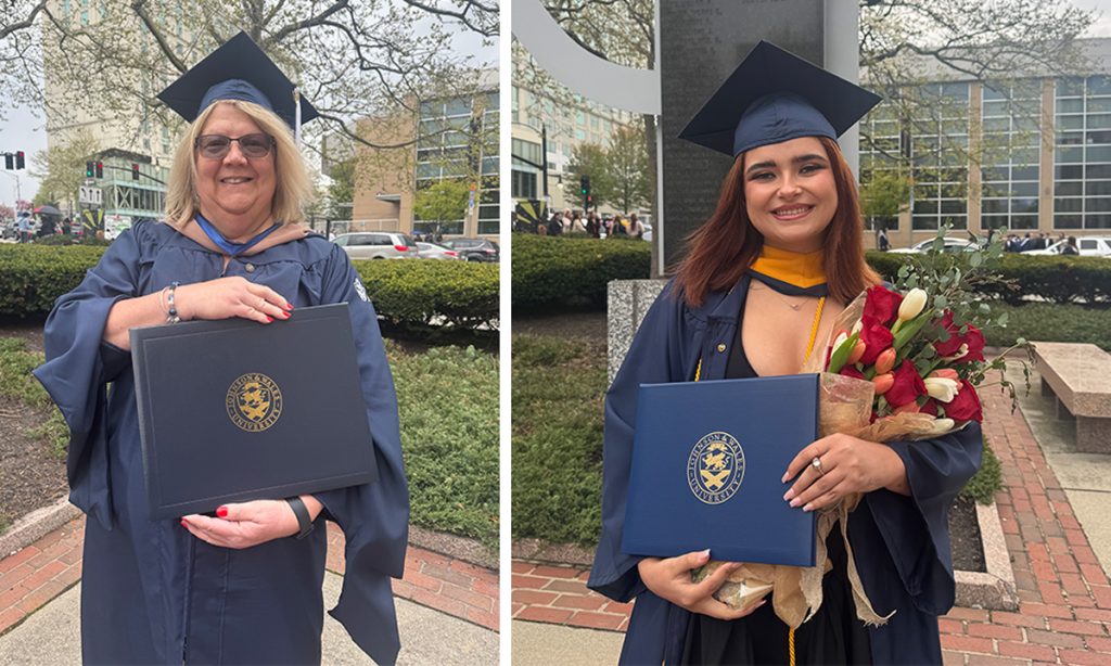 Two-up photo of JWU Online female graduates, Jeanne Johnson on the left and Hannah Levy on the right.