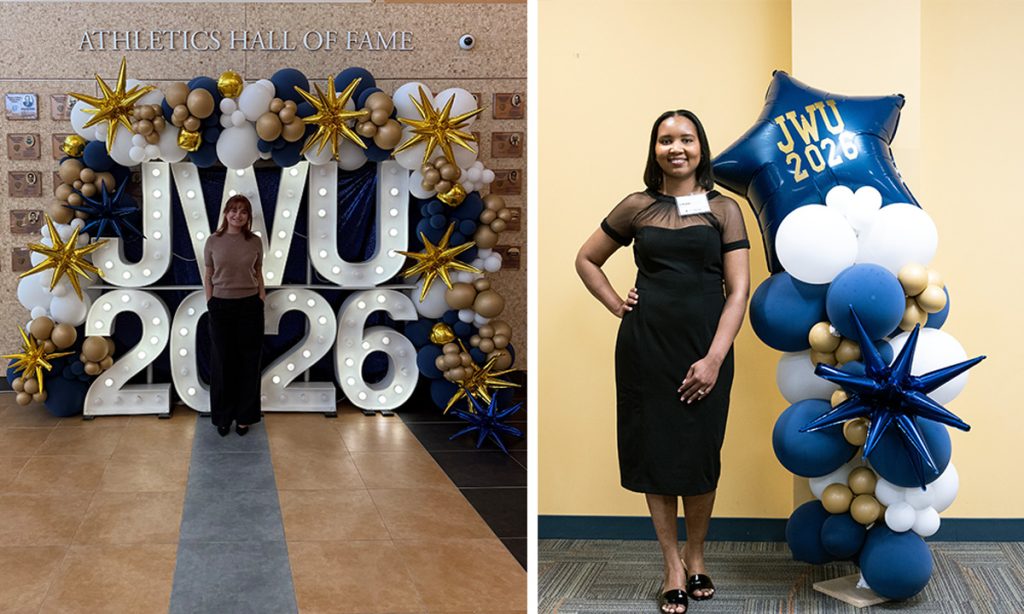 Two-up photos of (left) of a JWU 2026 decorative display and (right) of graduating student, Djelisa Daveiga, in the Wildcat Center at the JWU Online Senior Toast.