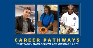 Slide with photos of a female holding a fruit tart, a male in a business casual jacket on one side and and a male in chef's whites uniform on the other side, labeled with "Career Pathways" on one line and "Hospitality Management and Culinary Arts" on the line below.