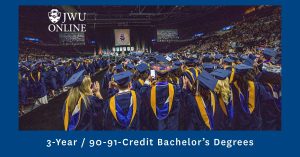 A graphic with a photo of the back of JWU graduates seated at commencement with the JWU Online logo and a title: 3-Year / 90-91-Credit Bachelor's Degrees.